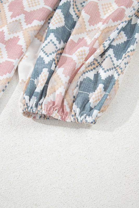 Print Tassel Tie Split Neck Balloon Sleeve Blouse - Shop Style & More | Fresh Looks, Everyday Deals & Free Shipping