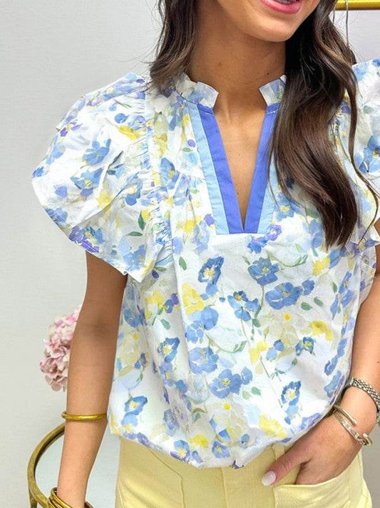 Cotton floral Frilled Notch Neck Ruffle Blouse - Shop Style & More | Fresh Looks, Everyday Deals & Free Shipping