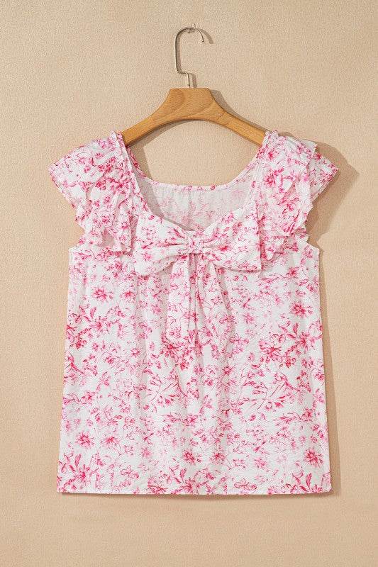 Viscose Floral Ruffle Short Sleeve Bow Back Blouse - Shop Style & More | Fresh Looks, Everyday Deals & Free Shipping