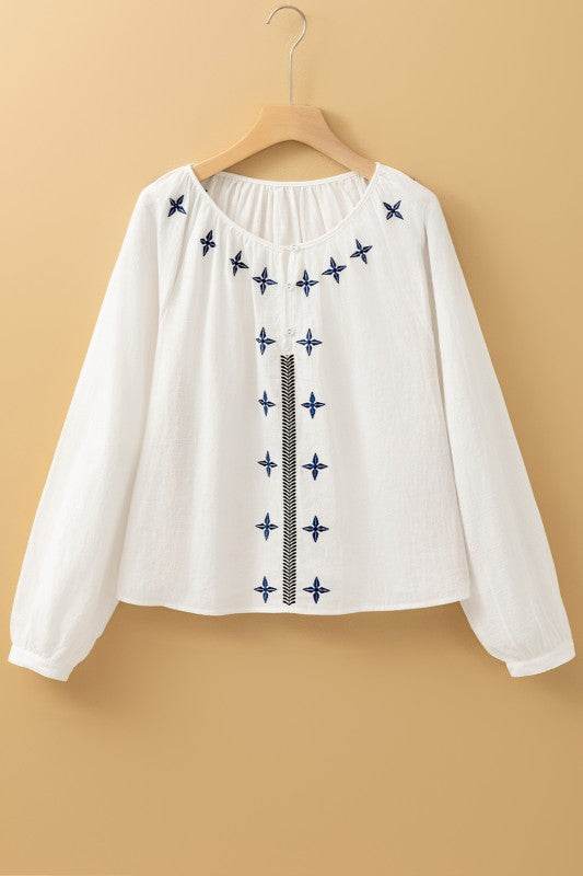 Geometric Embroidered Long Sleeve Buttoned Blouse - Shop Style & More | Fresh Looks, Everyday Deals & Free Shipping