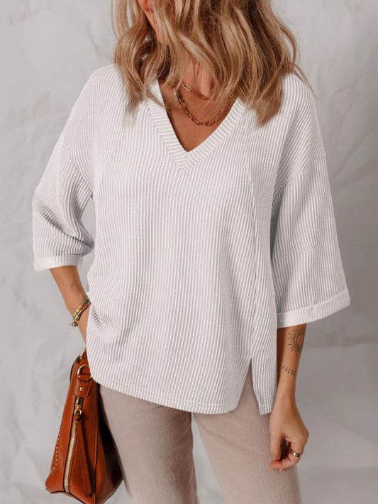 White Solid Color 3/4 Sleeve V Neck Top - Shop Style & More | Fresh Looks, Everyday Deals & Free Shipping