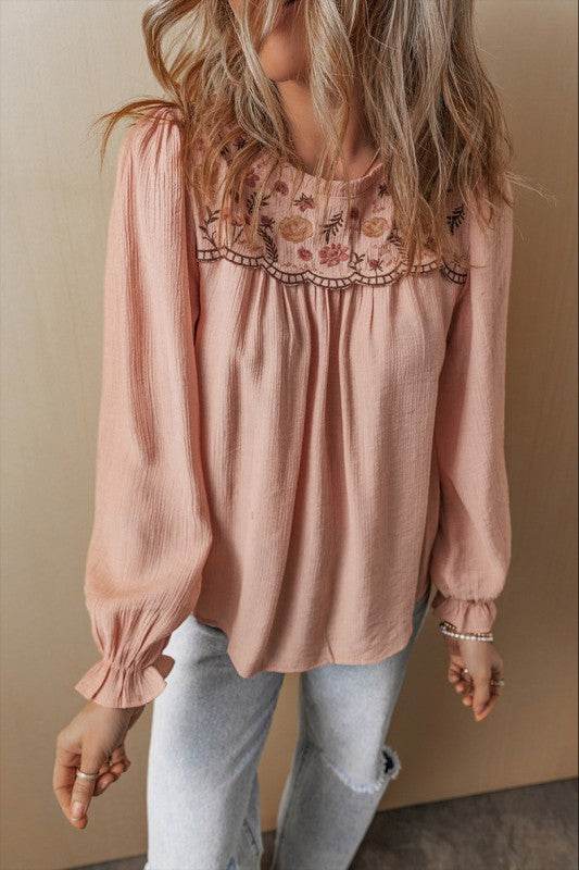 Embroidered Textured Flounce Sleeve Elegant Blouse - Shop Style & More | Fresh Looks, Everyday Deals & Free Shipping