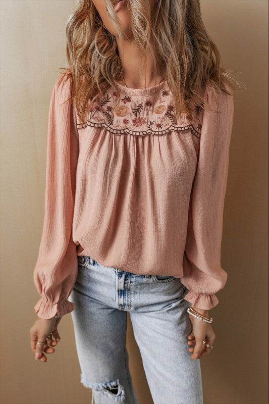 Embroidered Textured Flounce Sleeve Elegant Blouse - Shop Style & More | Fresh Looks, Everyday Deals & Free Shipping