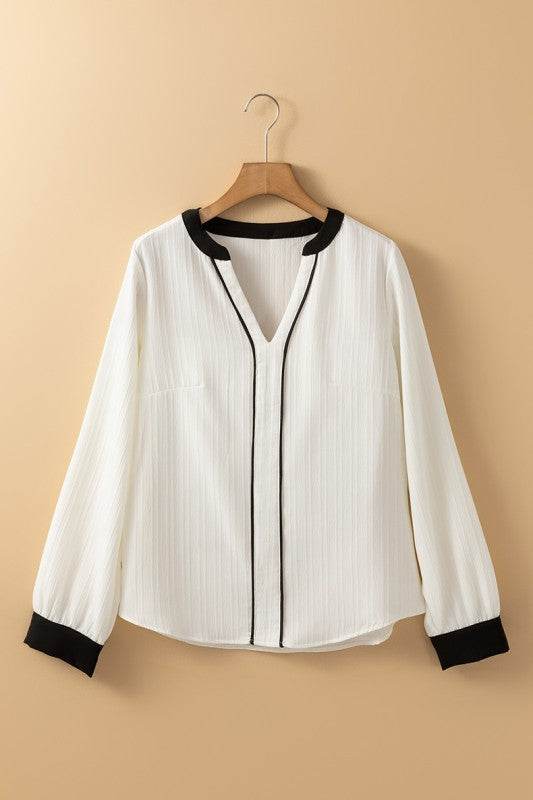 White Textured Colorblock V Neck Elegant Blouse - Shop Style & More | Fresh Looks, Everyday Deals & Free Shipping