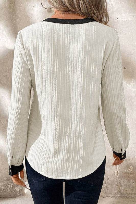 White Textured Colorblock V Neck Elegant Blouse - Shop Style & More | Fresh Looks, Everyday Deals & Free Shipping