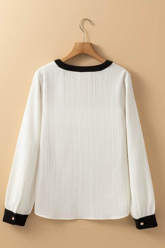 White Textured Colorblock V Neck Elegant Blouse - Shop Style & More | Fresh Looks, Everyday Deals & Free Shipping