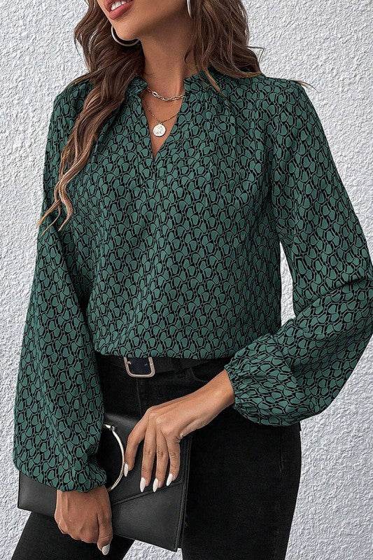 Geometric Print Notched Neck Puff Sleeve Blouse - Shop Style & More | Fresh Looks, Everyday Deals & Free Shipping
