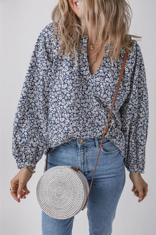 Floral Print Notched V Neck Puff Sleeve Blouse - Shop Style & More | Fresh Looks, Everyday Deals & Free Shipping