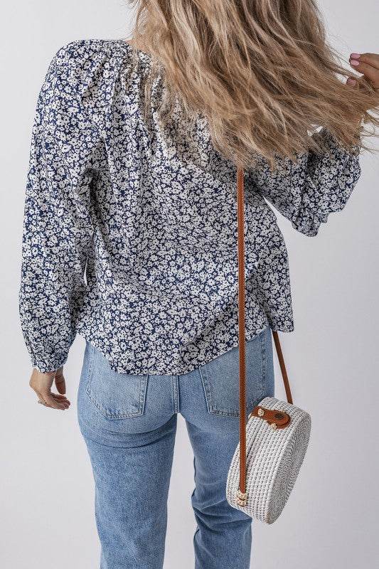 Floral Print Notched V Neck Puff Sleeve Blouse - Shop Style & More | Fresh Looks, Everyday Deals & Free Shipping