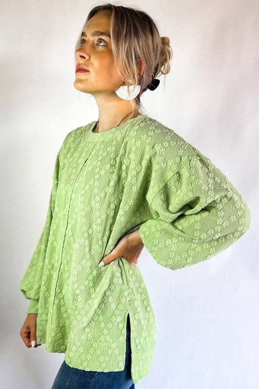 Solid Color Textured Side Split Crew Neck Blouse - Shop Style & More | Fresh Looks, Everyday Deals & Free Shipping