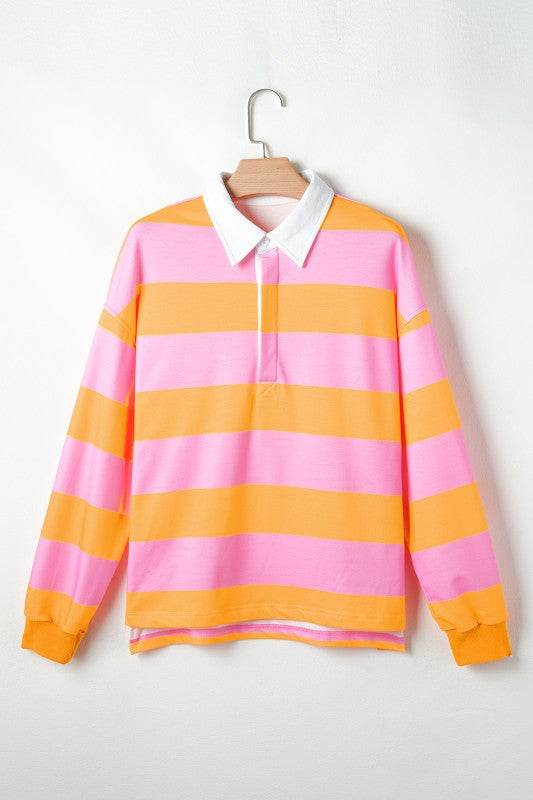 Yellow Stripe Color Block Polo Collar Sweatshirt - Shop Style & More | Fresh Looks, Everyday Deals & Free Shipping