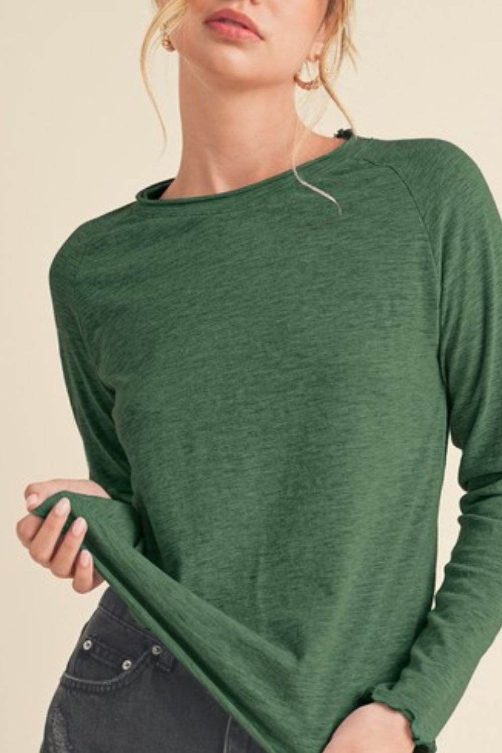 Aemi + Co Lettuce Hemline Round Neck Raglan Sleeve T-Shirt - Shop Style & More | Fresh Looks, Everyday Deals & Free Shipping
