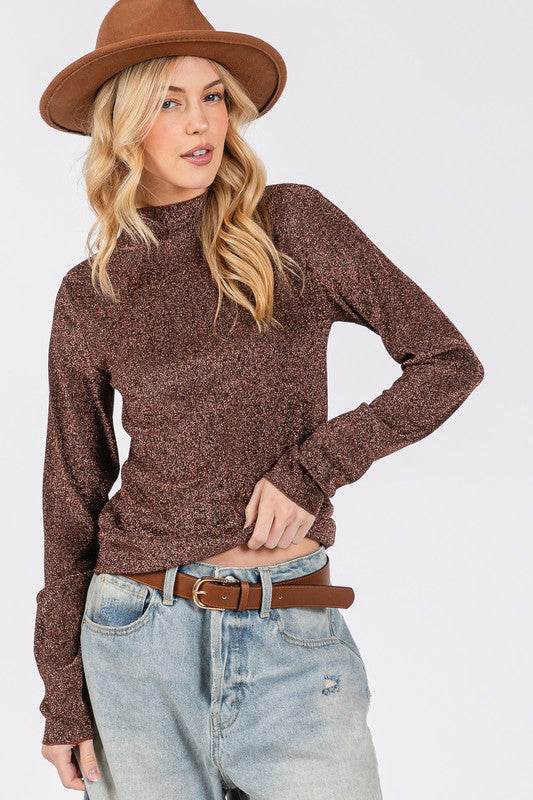SAGE + FIG Glitter Mock Neck Lettuce Hem Long Sleeve Top - Shop Style & More | Fresh Looks, Everyday Deals & Free Shipping