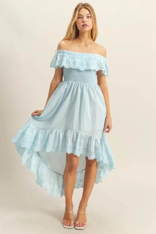 HYFVE High-Low Eyelet Ruffled Off-Shoulder Dress - Shop Style & More | Fresh Looks, Everyday Deals & Free Shipping