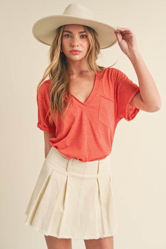 Aemi + Co Side Slit V-Neck Short Rolled Sleeve T-Shirt - Shop Style & More | Fresh Looks, Everyday Deals & Free Shipping