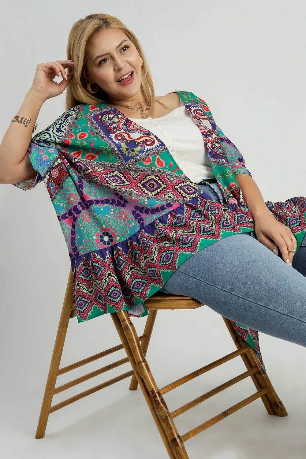 Umgee Full Size Mixed Print Ruffle Hem Open Front Cover Up Plus Size - Shop Style & More | Fresh Looks, Everyday Deals & Free Shipping