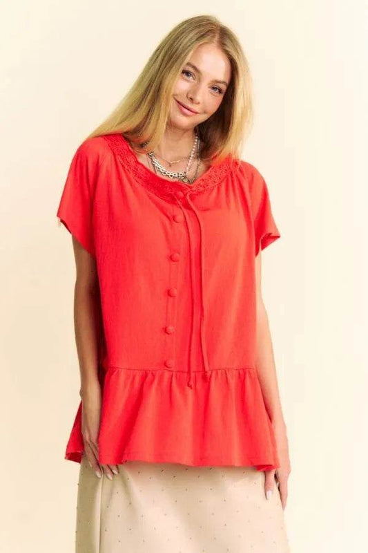 Davi & Dani Solid Lace Trim Neck Short Sleeve Peplum Top - Shop Style & More | Fresh Looks, Everyday Deals & Free Shipping