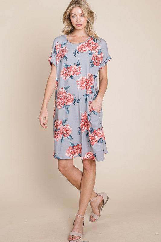 BOMBOM Floral Round Neck Short Tee Dress with Pockets - Shop Style & More | Fresh Looks, Everyday Deals & Free Shipping