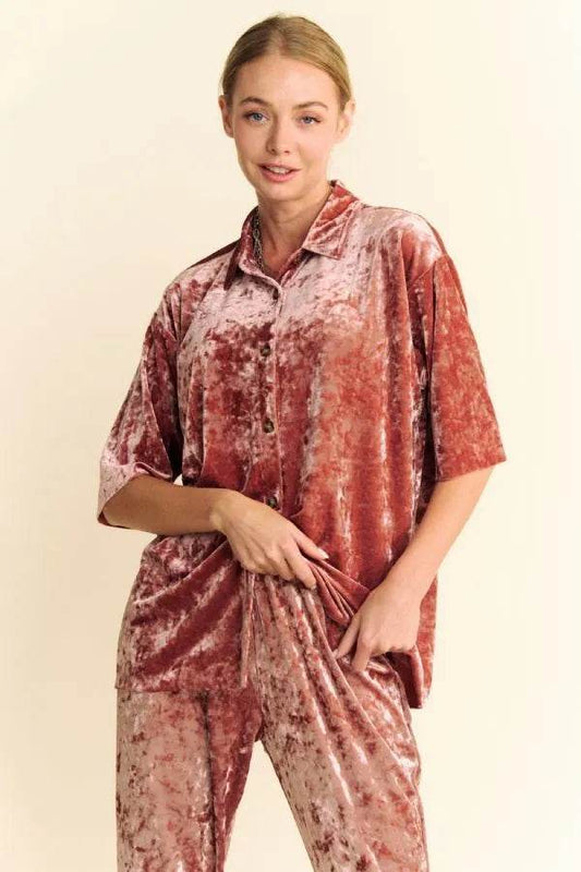 Davi & Dani Crushed Velvet Button Front Easy Lounge Shirt Top - Shop Style & More | Fresh Looks, Everyday Deals & Free Shipping