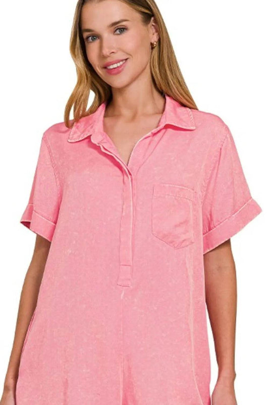 Zenana Tencel Mineral Washed Half Button Shirts Romper - Shop Style & More | Fresh Looks, Everyday Deals & Free Shipping
