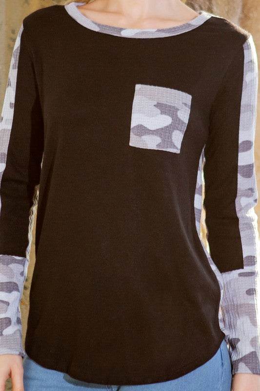 Textured Camo. Print Contrasted Sweater Knit Top - Shop Style & More | Fresh Looks, Everyday Deals & Free Shipping