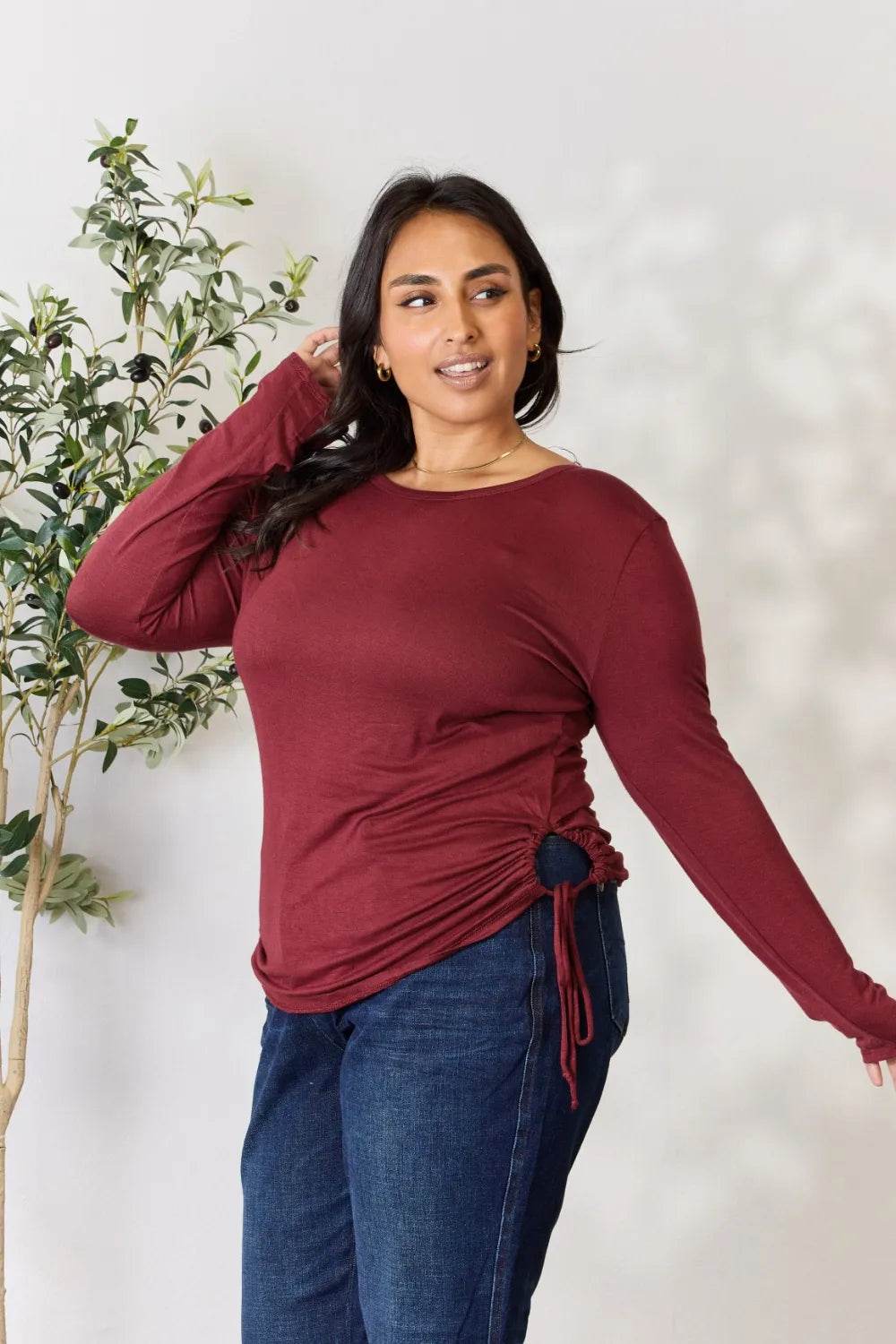 Culture Code Full Size Drawstring Round Neck Long Sleeve Top - Shop Style & More | Fresh Looks, Everyday Deals & Free Shipping