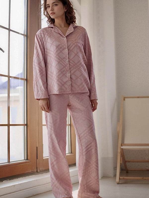 Pink Squared Button Front Long Sleeves Pajama Set - Shop Style & More | Fresh Looks, Everyday Deals & Free Shipping