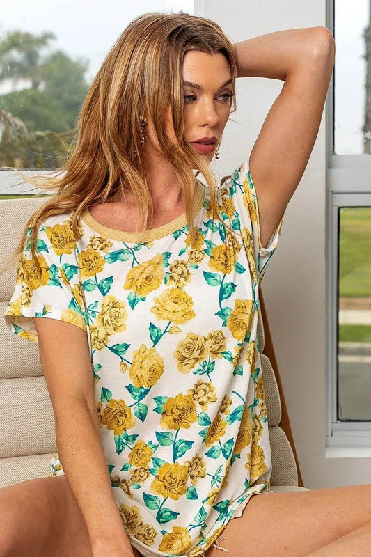 BiBi Rose Print Thermal Neck Binding Dolman Sleeves Top - Shop Style & More | Fresh Looks, Everyday Deals & Free Shipping