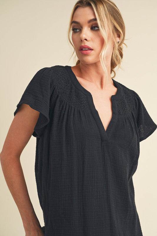 Aemi + Co Embroidered Trim Side Slit Notched Short Sleeve Blouse - Shop Style & More | Fresh Looks, Everyday Deals & Free Shipping