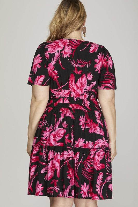 She + Sky Full Size Printed Notched Short Sleeve Frill Tiered Dress Plus Size - Shop Style & More | Fresh Looks, Everyday Deals & Free Shipping