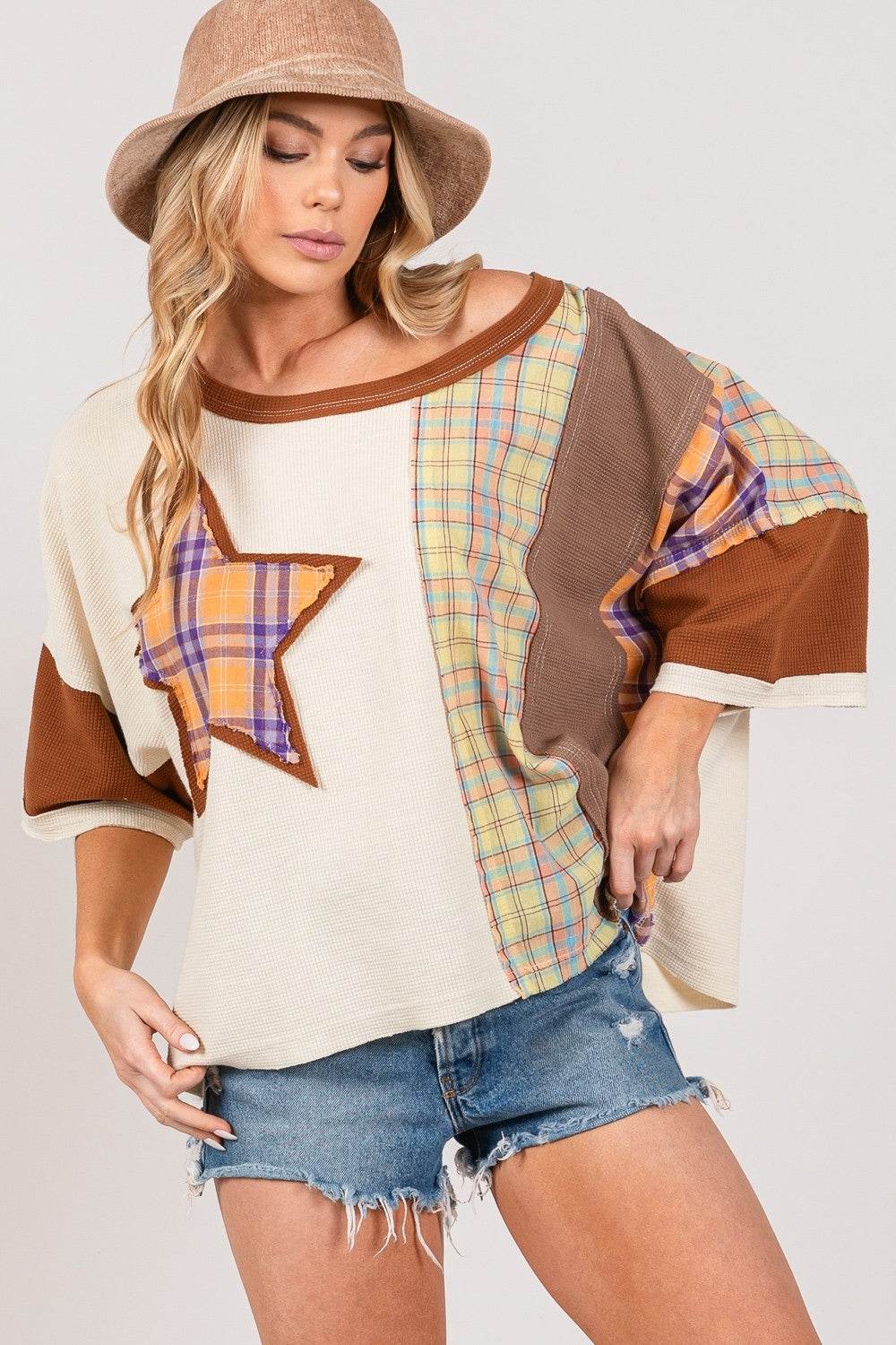 SAGE + FIG Round Neck Plaid Star Patch T-Shirt - Shop Style & More | Fresh Looks, Everyday Deals & Free Shipping