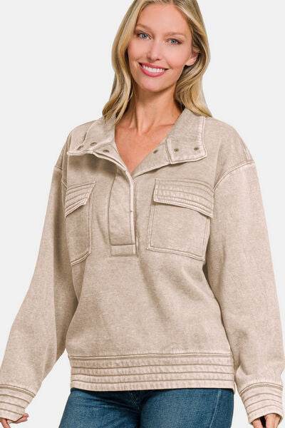 Zenana Acid Washed Half Snap Fleece Sweatshirt - Shop Style & More | Fresh Looks, Everyday Deals & Free Shipping