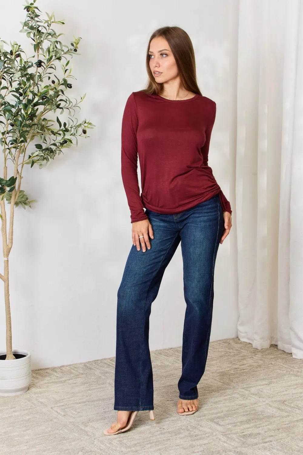 Culture Code Full Size Drawstring Round Neck Long Sleeve Top - Shop Style & More | Fresh Looks, Everyday Deals & Free Shipping