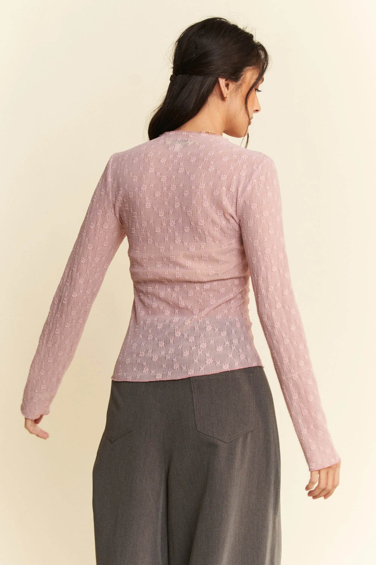 Davi & Dani Long Sleeve Sheer Small Embroidered Bows Lace Top - Shop Style & More | Fresh Looks, Everyday Deals & Free Shipping