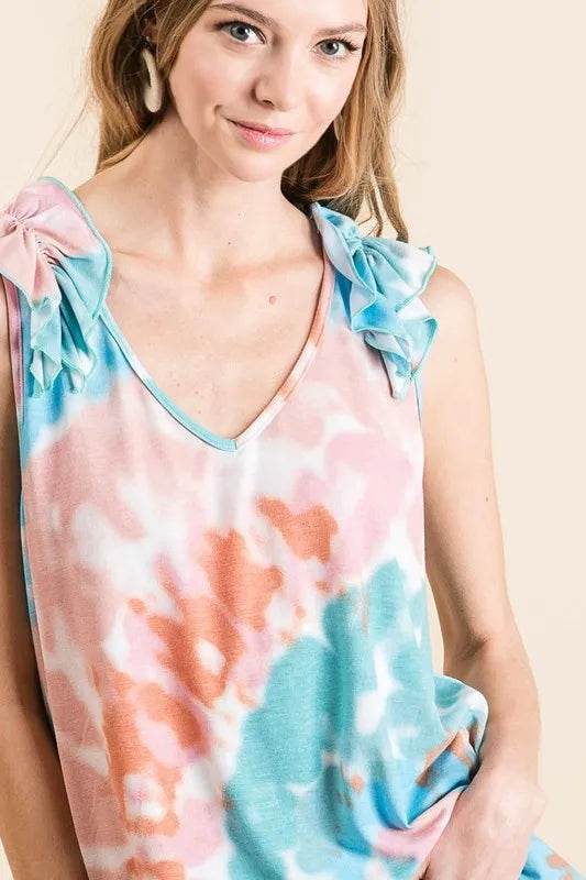 BiBi Circular Tie Dye Knit V Neck Top With Ruffle - Shop Style & More | Fresh Looks, Everyday Deals & Free Shipping