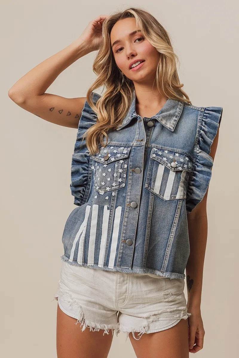 BiBi American Flag Washed Denim Jacket - Shop Style & More | Fresh Looks, Everyday Deals & Free Shipping
