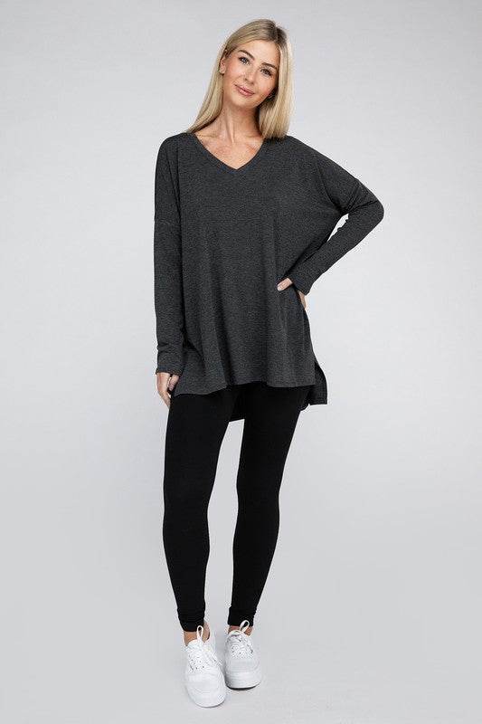Dolman Long Sleeve V-Neck Side Slit Hi-Low Hem Top - Shop Style & More | Fresh Looks, Everyday Deals & Free Shipping