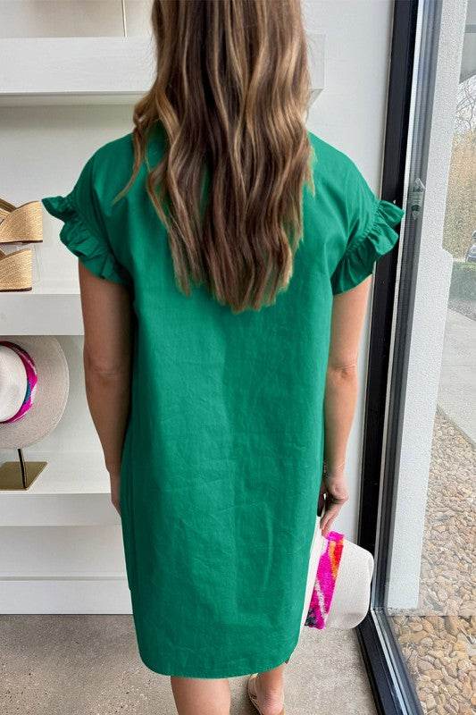 Green Shirred Ruffle Sleeve Button Up Short Dress - Shop Style & More | Fresh Looks, Everyday Deals & Free Shipping