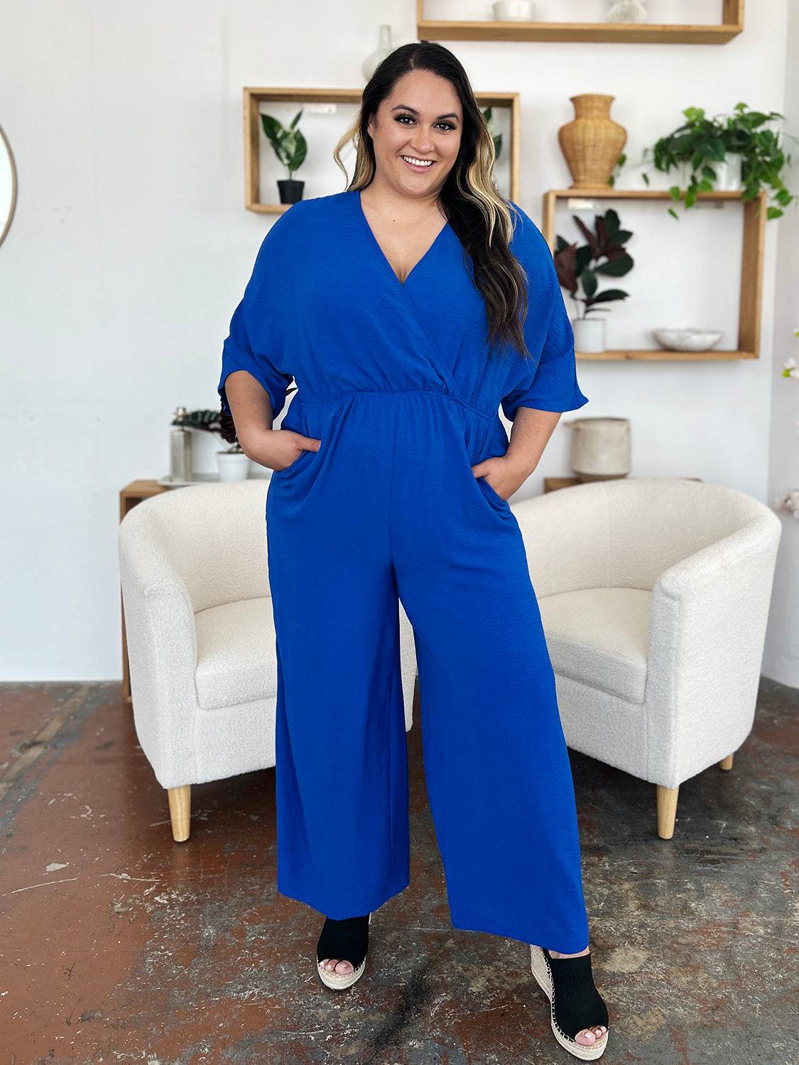 Double Take Full Size Surplice Wide Leg Jumpsuit with Pockets - Shop Style & More | Fresh Looks, Everyday Deals & Free Shipping