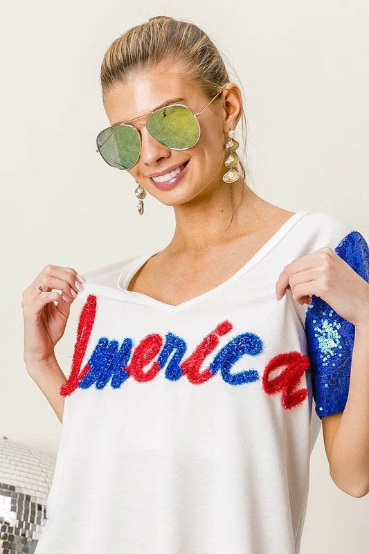 BiBi Metallic Letter V-neck Sequin Sleeves Top - Shop Style & More | Fresh Looks, Everyday Deals & Free Shipping