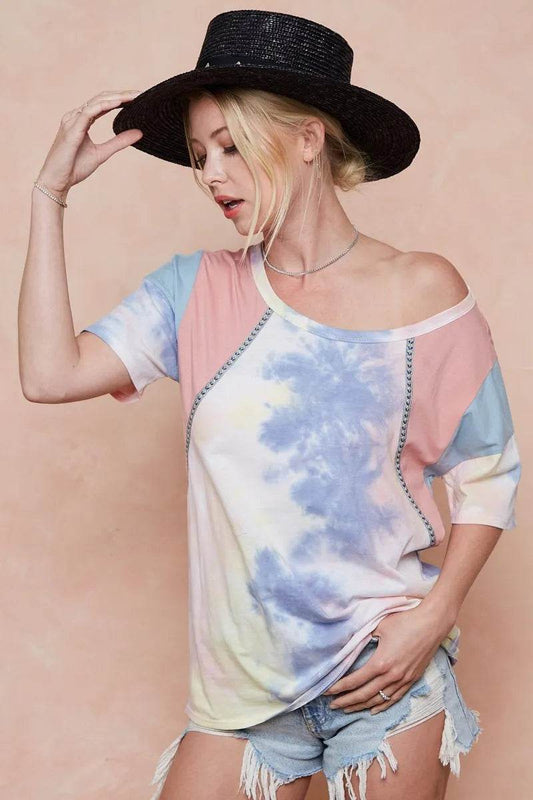 BiBi Tie Dye Printed Cotton Color Block T-Shirt - Shop Style & More | Fresh Looks, Everyday Deals & Free Shipping