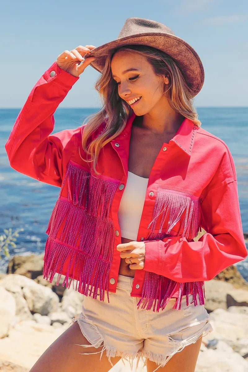 BiBi Rhinestone Fringe with Studed Collar Jacket Women's Outerwear