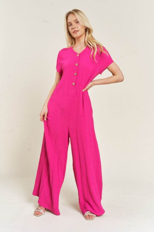 TEXTURED SHORT SLEEVE JUMPSUIT - Shop Style & More | Fresh Looks, Everyday Deals & Free Shipping
