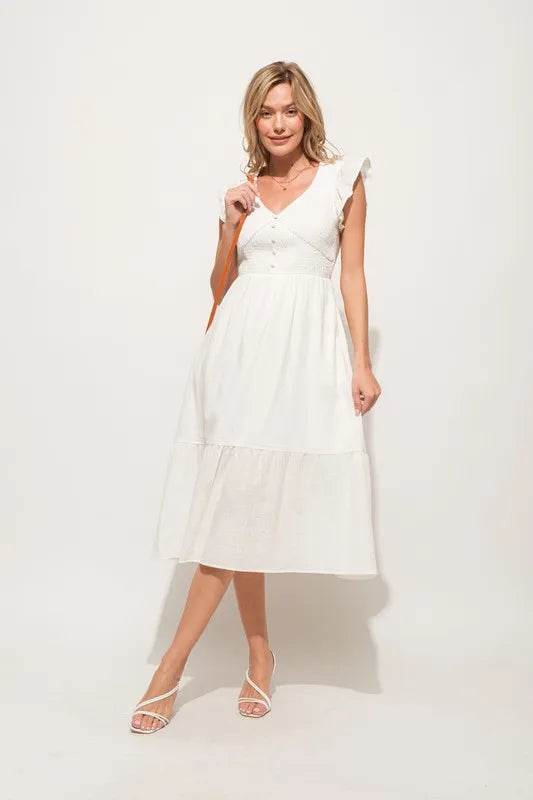 And The Why Ruffle Sleeve Front Smocked Tiered Midi Dress - Shop Style & More | Fresh Looks, Everyday Deals & Free Shipping