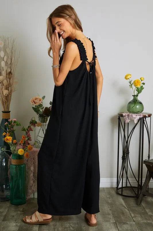 ADORA Full Size Elastic Ruffle Shoulder Jumpsuit Plus Size - Shop Style & More | Fresh Looks, Everyday Deals & Free Shipping