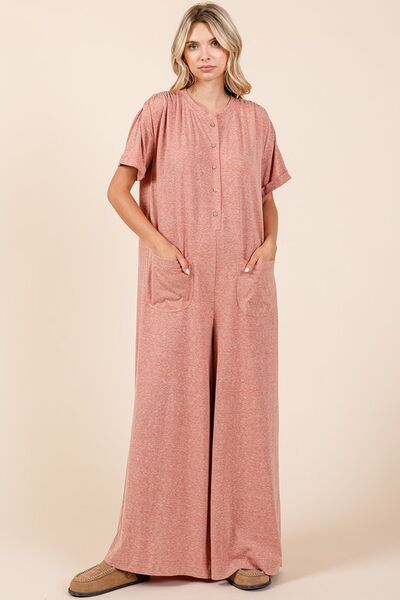 Mittoshop Button Detail Jumpsuit - Short Sleeve Wide Leg Jumpsuit Ginger Jumpsuits
