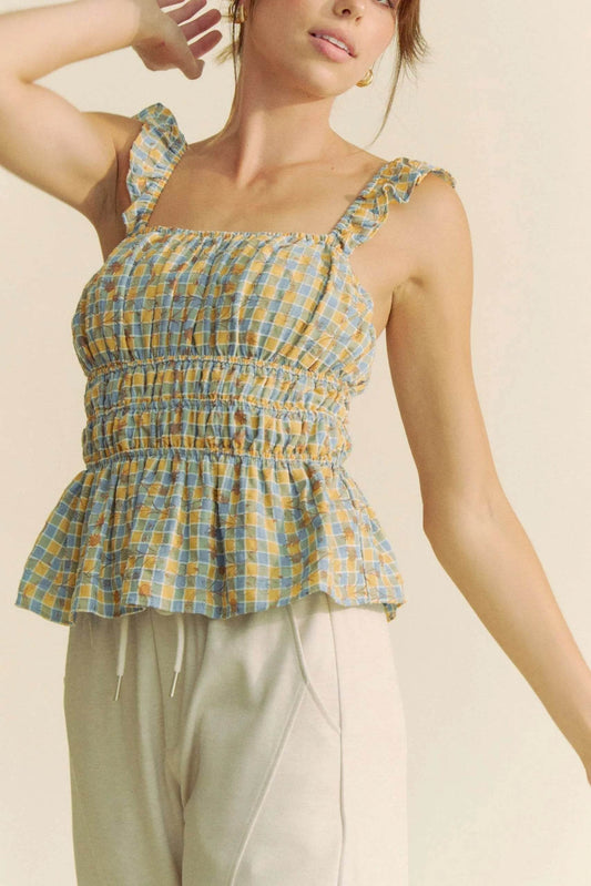 Davi & Dani Plaid Ruffled Strap Smocked Sleeveless Top - Shop Style & More | Fresh Looks, Everyday Deals & Free Shipping