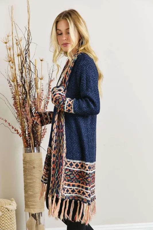 ADORA Full Size Fringe Hem Aztec Border Cardigan Plus Size - Shop Style & More | Fresh Looks, Everyday Deals & Free Shipping