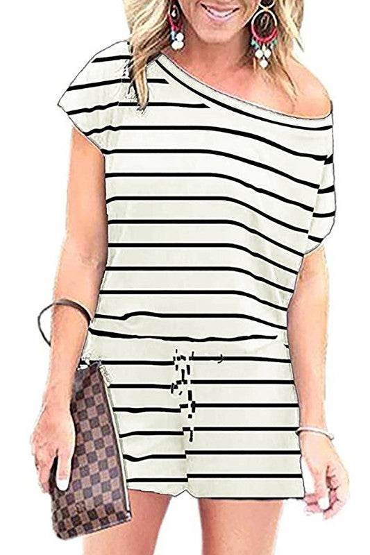 Striped Short Sleeve Drawstring Waist Romper - Shop Style & More | Fresh Looks, Everyday Deals & Free Shipping
