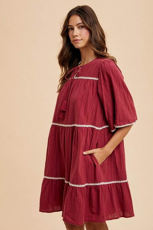 Annie Wear Tassel Contrast Trim Tie Neck Half Sleeve Tiered Dress - Shop Style & More | Fresh Looks, Everyday Deals & Free Shipping